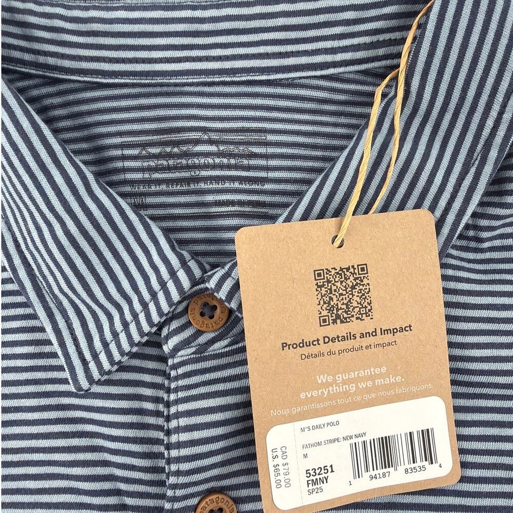 Patagonia Men's Fathom Stripe New Navy Chest Pocket Daily Polo Shirt Size M - Picture 3 of 9